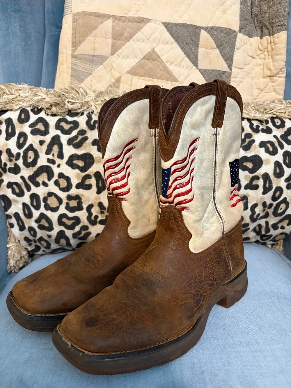 Durango Brown & Cream Western Boots with American Flag Embroidery